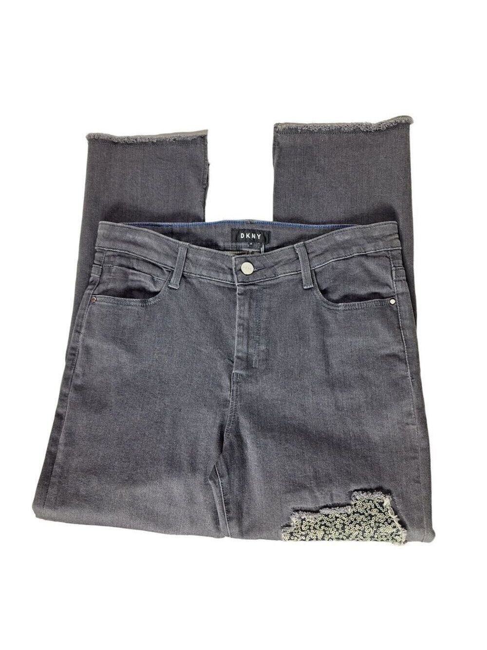 DKNY Women's Gray Skinny Jeans Sequined Cropped Ripped Denim Size 28